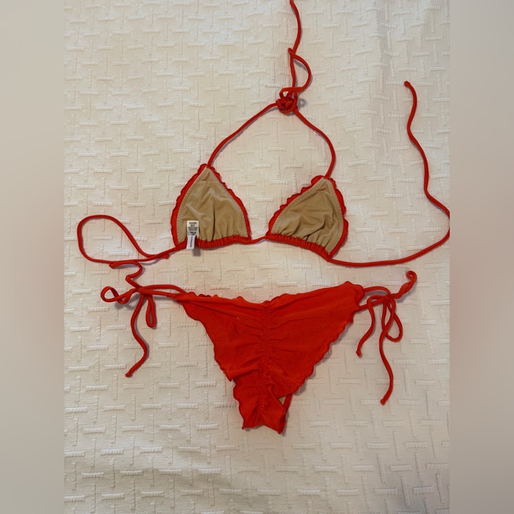 Luli Fama Orange ruffle String Triangle Bikini Set - Picture 2 of 5